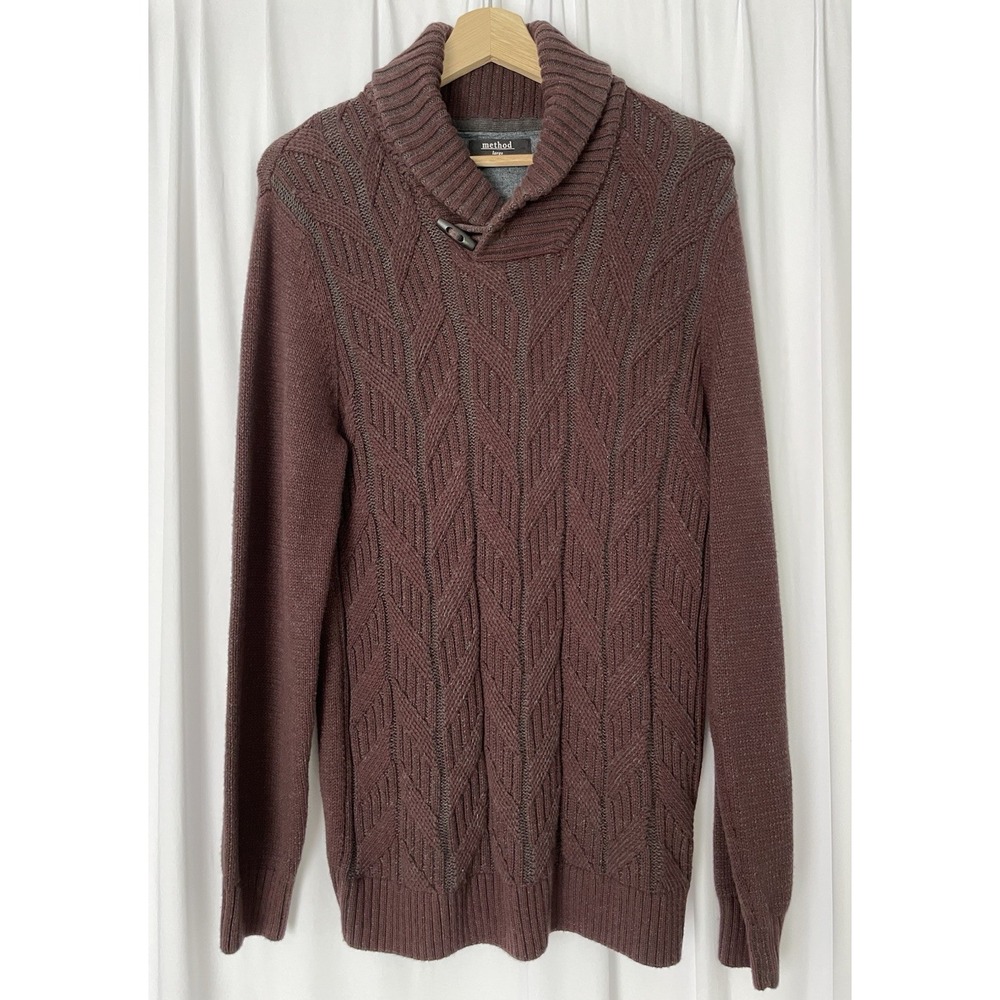 Method Mens Knit Sweater Cowl Button Neck Sz Large Textured Long‎ Sleeve Coastal